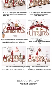 Detailed view of Christmas wooden table signs and pendants with Santa, deer and snowman