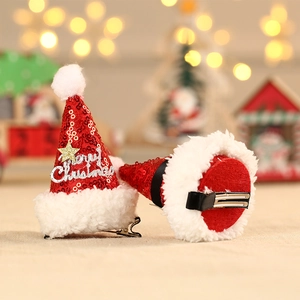 Barrettes bonnet de Noël à paillettes rouges avec bordure en peluche et texte festif