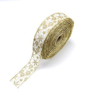 Ruban de Noël blanc imitation lin 6,3 cm avec flocons de neige dorés et motifs pailletés