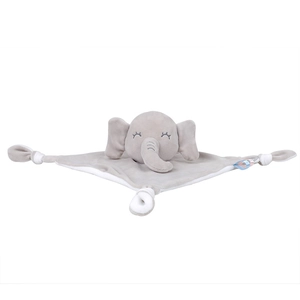 Close-up of a grey plush elephant baby comforter with knotted corners and soft fabric