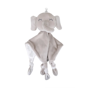 Soft grey plush elephant baby security blanket with knotted corners on white background