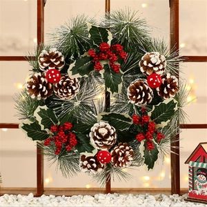 Christmas Wreath Artificial Pine Needles Natural Pinecones Red Berries Burlap Bow Door Hanging Festival Decoration