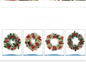 Detail showcasing four styles of Christmas pinecone wreaths with red berries and bows
