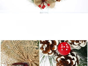 Detailed view of Christmas wreath featuring natural pine cones, red berries and burlap bow