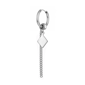 Detail of silver titanium steel earring with rhombus pendant and long tassel chain