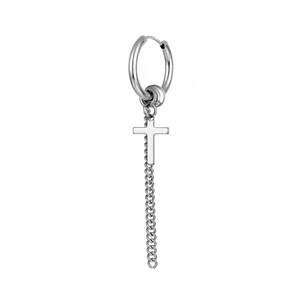 Detailed view of titanium steel earring with cross pendant and long metal tassel chain