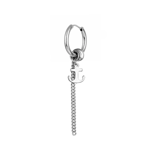 Polished silver titanium steel hoop earring with long chain and anchor pendant tassel