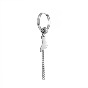 Detailed view of silver titanium steel drop earring with chain and wing pendant