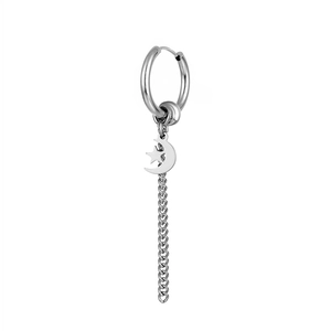 Detail of silver titanium steel earring with moon star pendant and long tassel chain