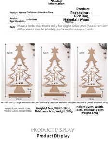 Size chart for wooden Christmas tree ornaments with reindeer carving and dimensions