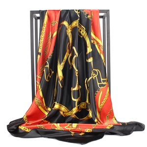 Red and black 90x90cm silk scarf with golden chain and belt prints for women