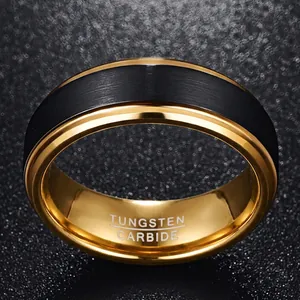 Men's black brushed tungsten carbide ring with polished gold edges and durable finish