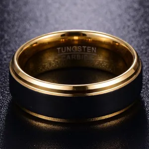 Polished black matte tungsten carbide ring with elegant gold plated beveled edges