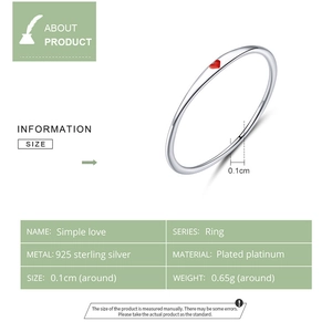 Scheda tecnica dell'anello in argento 925 con cuore rosso, fascia 0,1cm e peso 0,65g