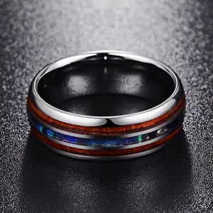 Bague en carbure de tungstène 8mm avec grain de bois et incrustation de coquille d'ormeau