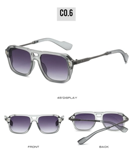 Detailed views of vintage aviator sunglasses with purple gradient lenses and metal frame
