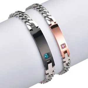 Stainless Steel Bracelet With Square Zircon Cross Hollow ID Plate Cuban Link Chain Jewelry For Men Women