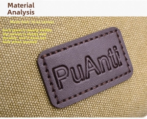 Close-up of durable 16oz dark khaki canvas material with premium leather logo detail