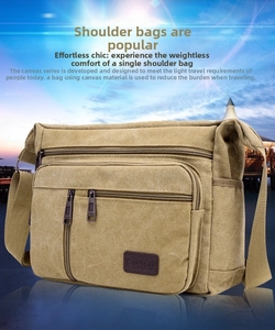 Detail of khaki canvas shoulder bag showing zipper pockets and adjustable strap