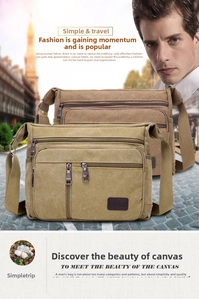 Detail view of khaki and brown canvas messenger bags with multi-zipper layers for men
