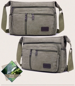 Close-up of military green canvas crossbody bag featuring multiple functional zip pockets