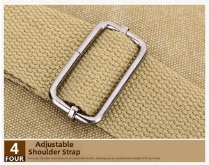 Detail of adjustable metal buckle on durable khaki canvas shoulder bag strap