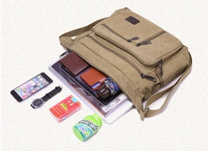 Detail view of khaki canvas crossbody bag showing large capacity with multi-zipper layers