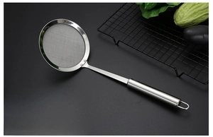 Detailed view of a 12cm fine mesh 304 stainless steel oil skimmer with a long handle