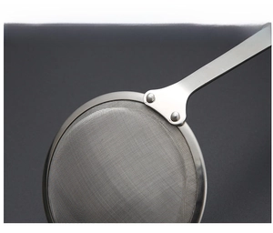 Close-up of fine mesh 304 stainless steel skimmer spoon with reinforced edge detailing