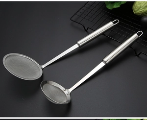 Detail view of two 304 stainless steel skimmer spoons with fine mesh and long handles
