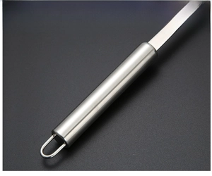 Close-up of stainless steel skimmer handle with anti-slip grip and hanging hole detail