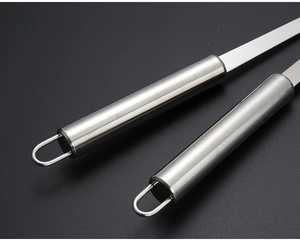 Polished stainless steel round handles with wire loop hooks for kitchen utensil hanging