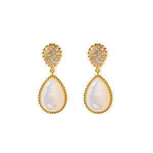 Detail of gold teardrop earrings featuring white mother-of-pearl and crystal pavé accents