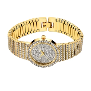 Elegant gold women's quartz watch featuring full rhinestone embellishments and metal band