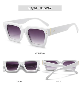 Detailed views of white square sunglasses with purple gradient lenses and gold metal accents