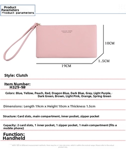 Detailed size specifications for pink PU leather long wallet showing 19x10x1.5CM dimensions