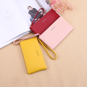 Women long zipper wallets in red, pink and yellow with litchi grain PU leather