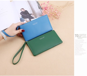 Sky blue and dark green long PU leather zipper wallets with stylish wrist straps