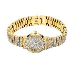 Luxury gold women's quartz watch with sparkling crystals and metal link bracelet