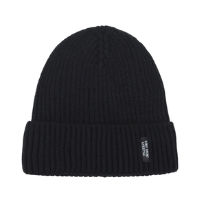 Unisex black ribbed knit beanie with sport lifestyle woven label for winter warmth