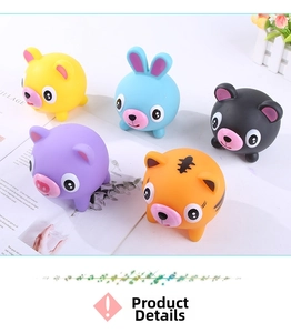 Detail showing colorful cartoon animal squishy toys with soft silicone texture