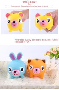 Close-up of animal squeeze toys with interactive sticking tongue and built-in squeaker sound