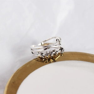 Detail of multilayer S925 sterling silver ring featuring movable small spinning circles