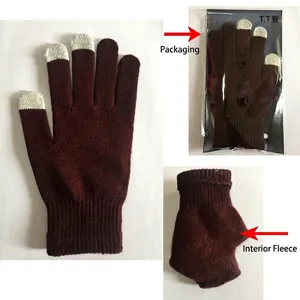 Thick coffee brown winter knit touchscreen gloves with warm brushed lining and retail bag