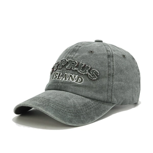 Detailed embroidery of CYPRUS ISLAND on vintage washed dark grey cotton baseball cap