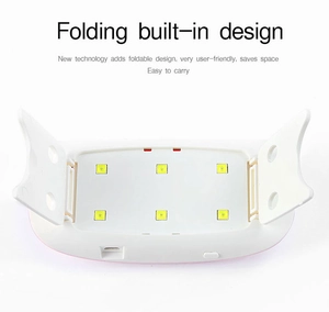 Detail view of foldable white UV LED nail lamp with six built-in bulbs for travel use