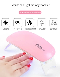Pink SUNmini UVLED nail lamp showing 6W power features and functional icons for gel curing