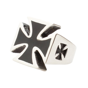 Polished stainless steel cross ring with black enamel details in silver and black finish