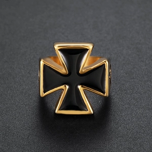 Polished gold stainless steel ring with black iron cross enamel inlay for men