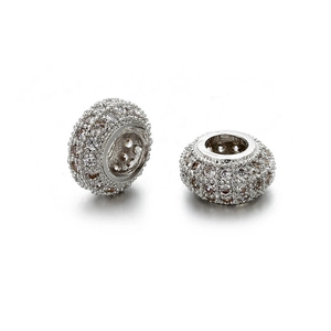 Handmade silver copper spacer beads with paved clear zircon for DIY jewelry making